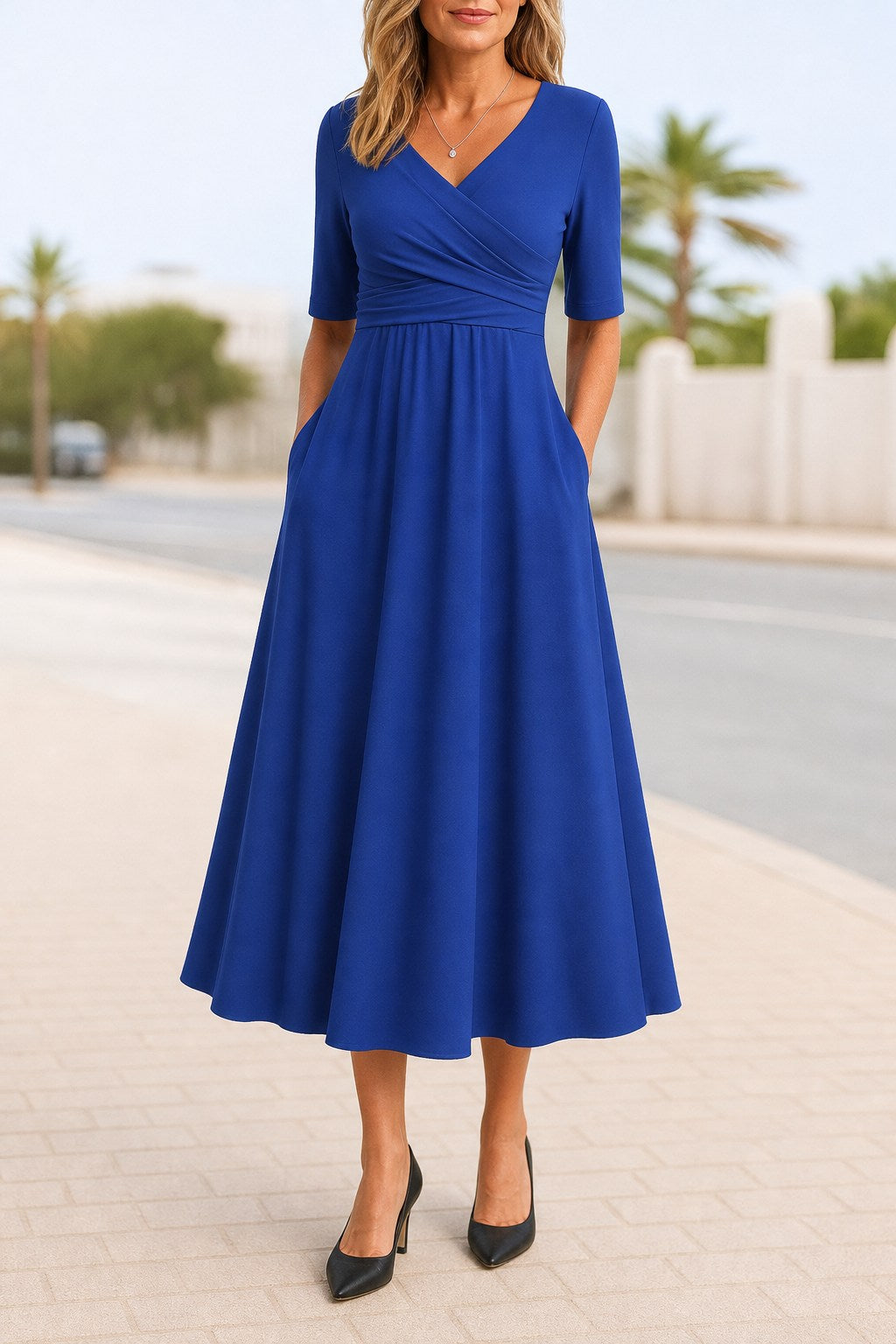 Phoebe Flattering Cross-Over A-Line Midi Dress