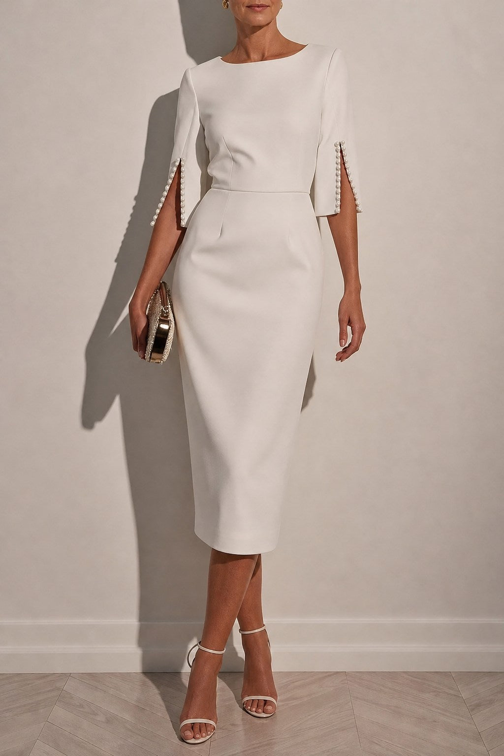 Grace Polished Pearl-Trim Sheath Midi Dress