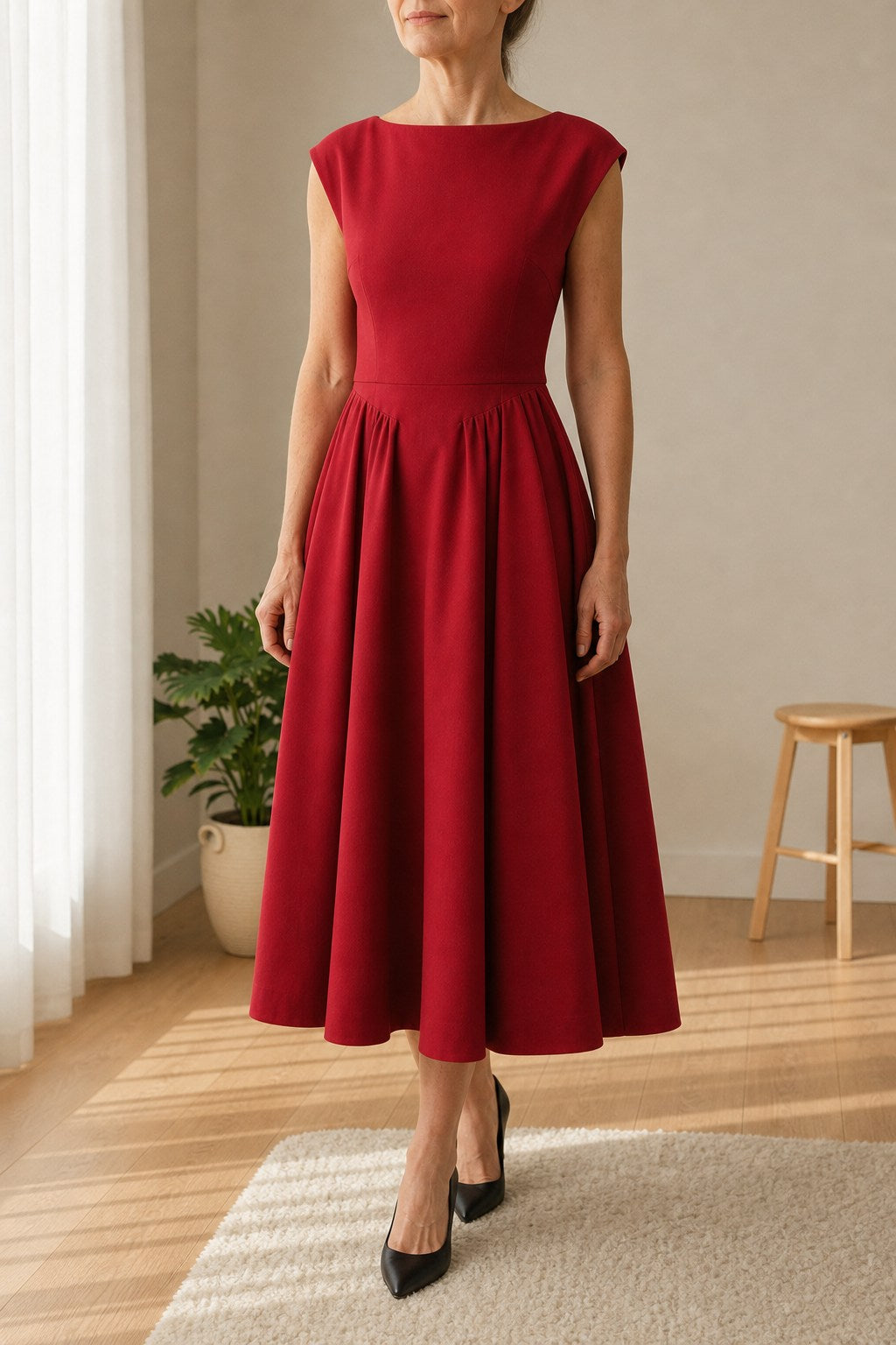 Livia Pleated A-Line Midi Dress with Boat Neck