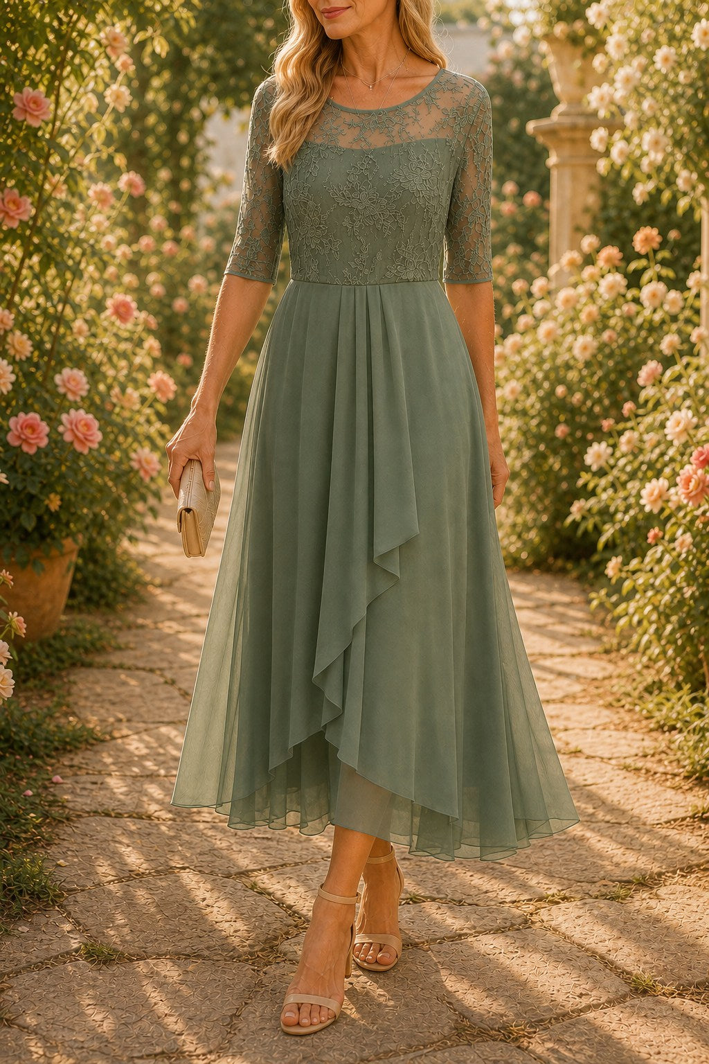 Amara Romantic Lace Bodice Midi Dress for Weddings