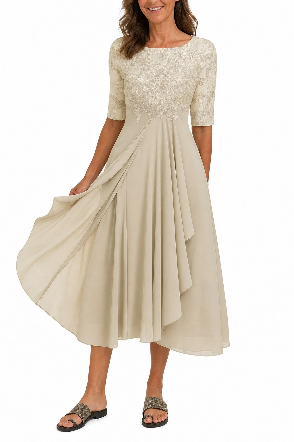 Elise Graceful Lace Bodice Midi Dress with Flowing Skirt