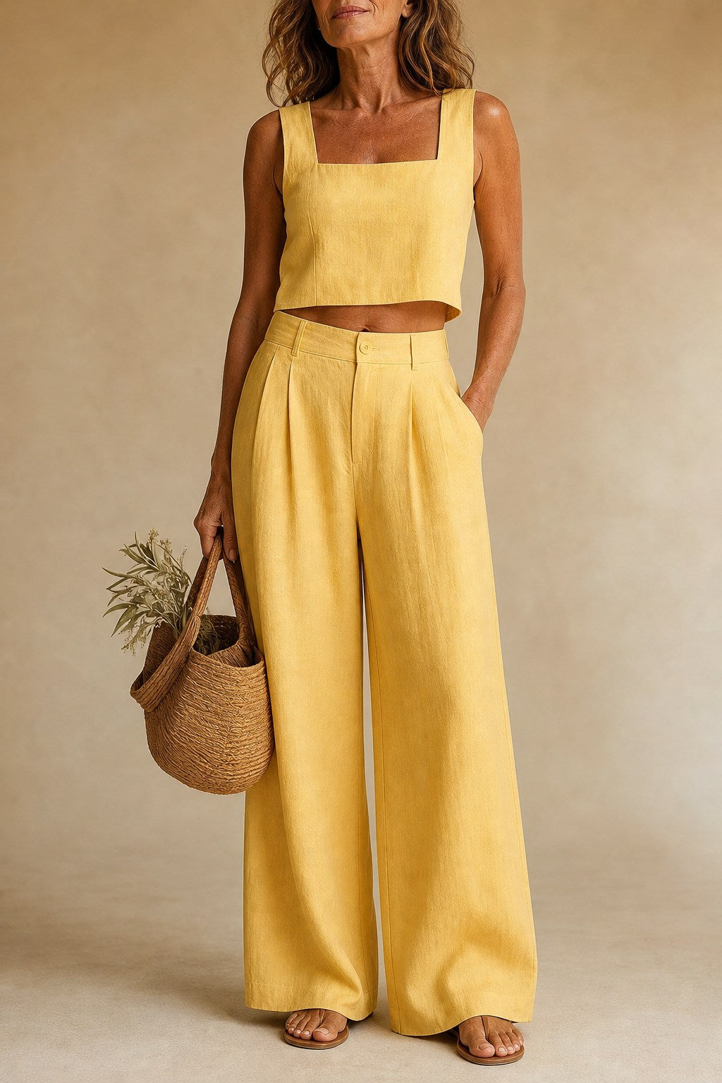Riviera Coastal Palazzo Set with Pleated Wide Pants