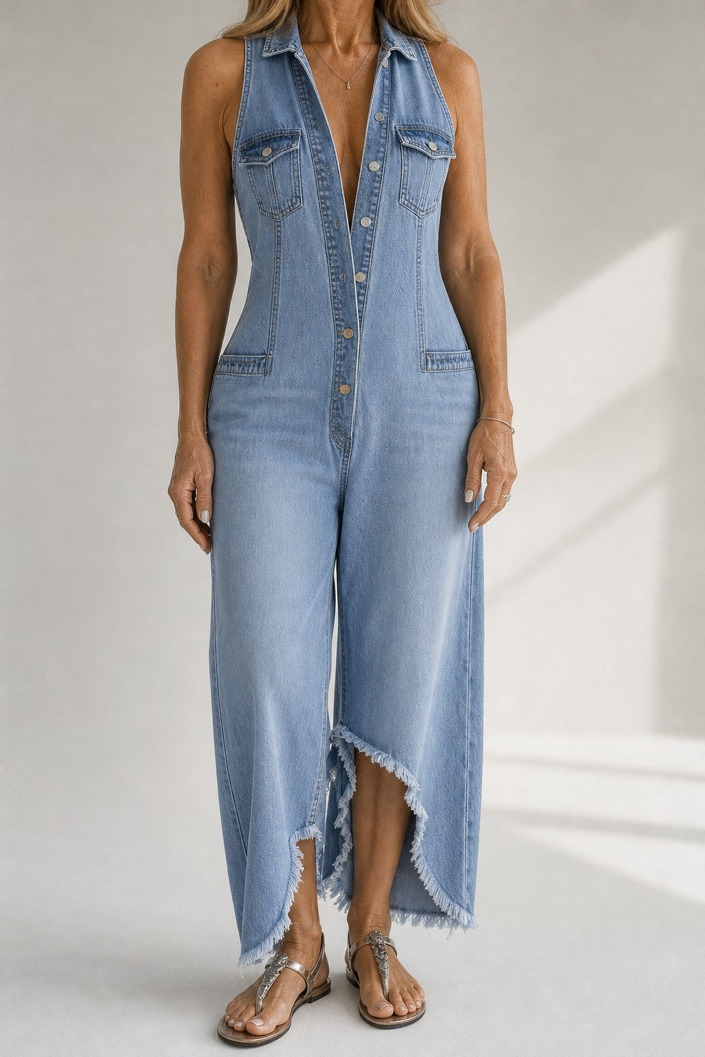 Indie Sleeveless Wide Leg Denim-Look Jumpsuit
