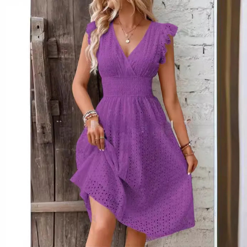 Lucie Romantic Eyelet Lace V-Neck Midi Dress