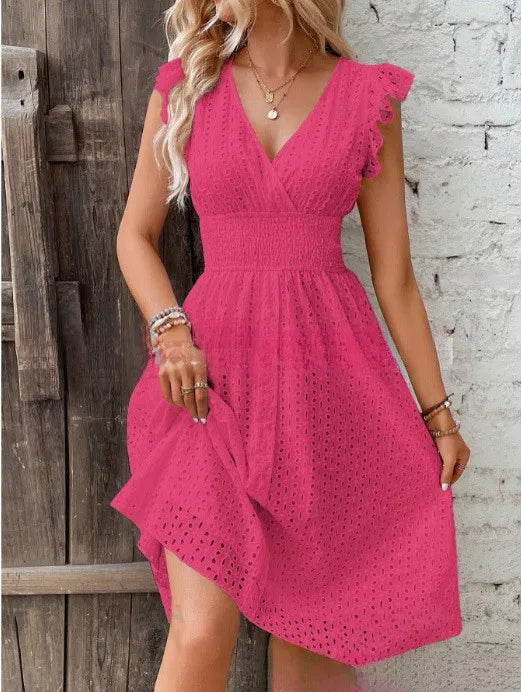 Lucie Romantic Eyelet Lace V-Neck Midi Dress