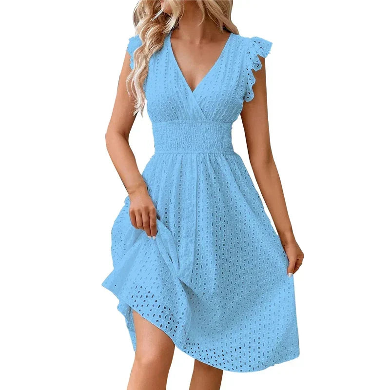 Lucie Romantic Eyelet Lace V-Neck Midi Dress