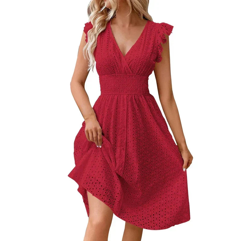 Lucie Romantic Eyelet Lace V-Neck Midi Dress