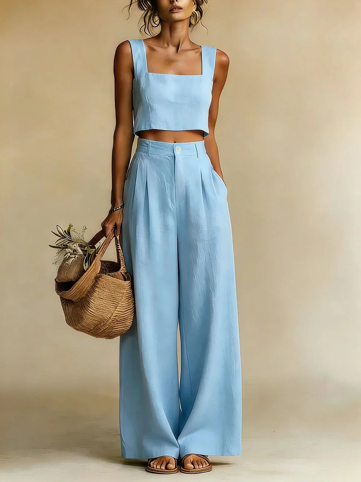 Riviera Coastal Palazzo Set with Pleated Wide Pants