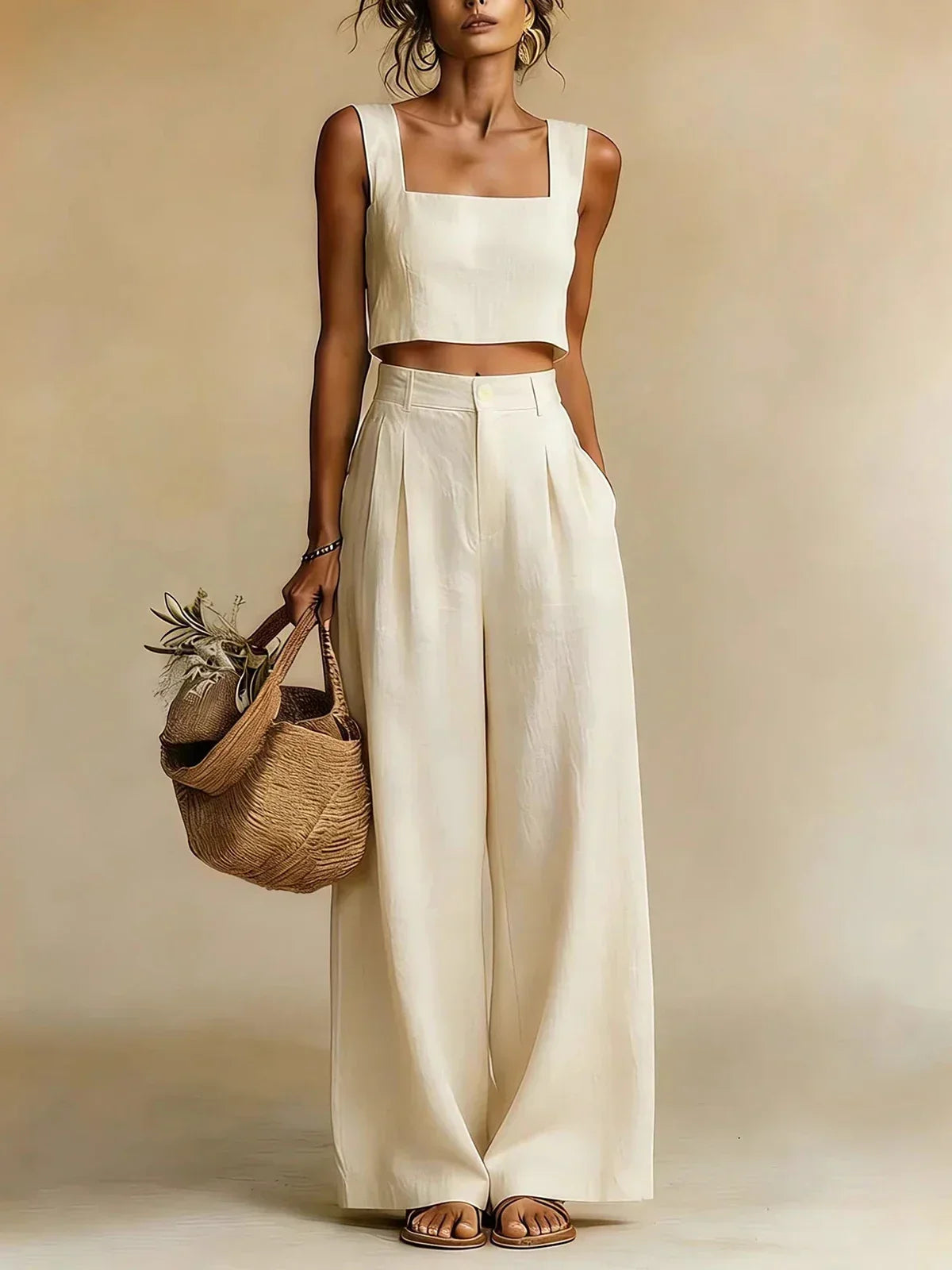 Riviera Coastal Palazzo Set with Pleated Wide Pants