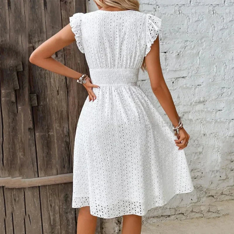 Lucie Romantic Eyelet Lace V-Neck Midi Dress