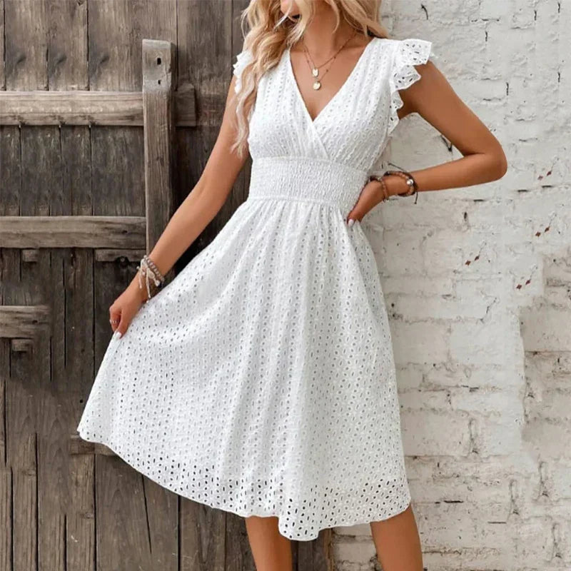 Lucie Romantic Eyelet Lace V-Neck Midi Dress
