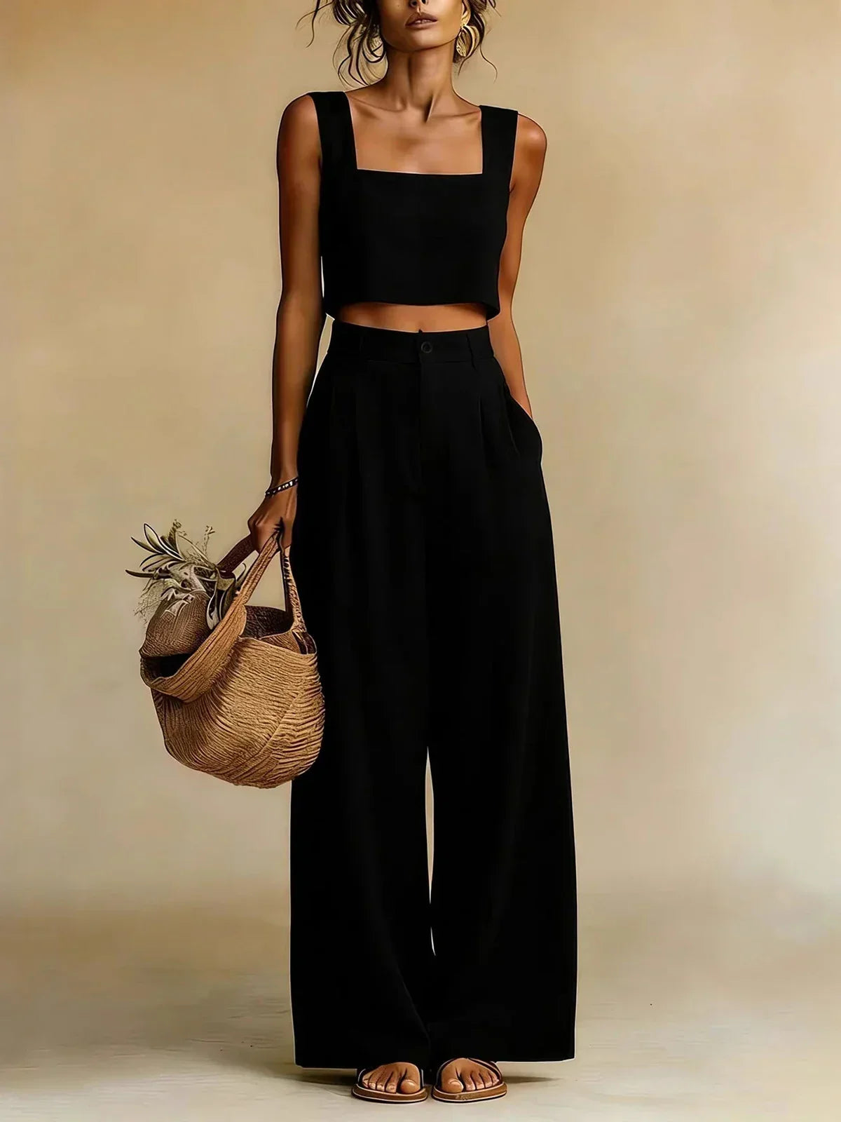 Riviera Coastal Palazzo Set with Pleated Wide Pants