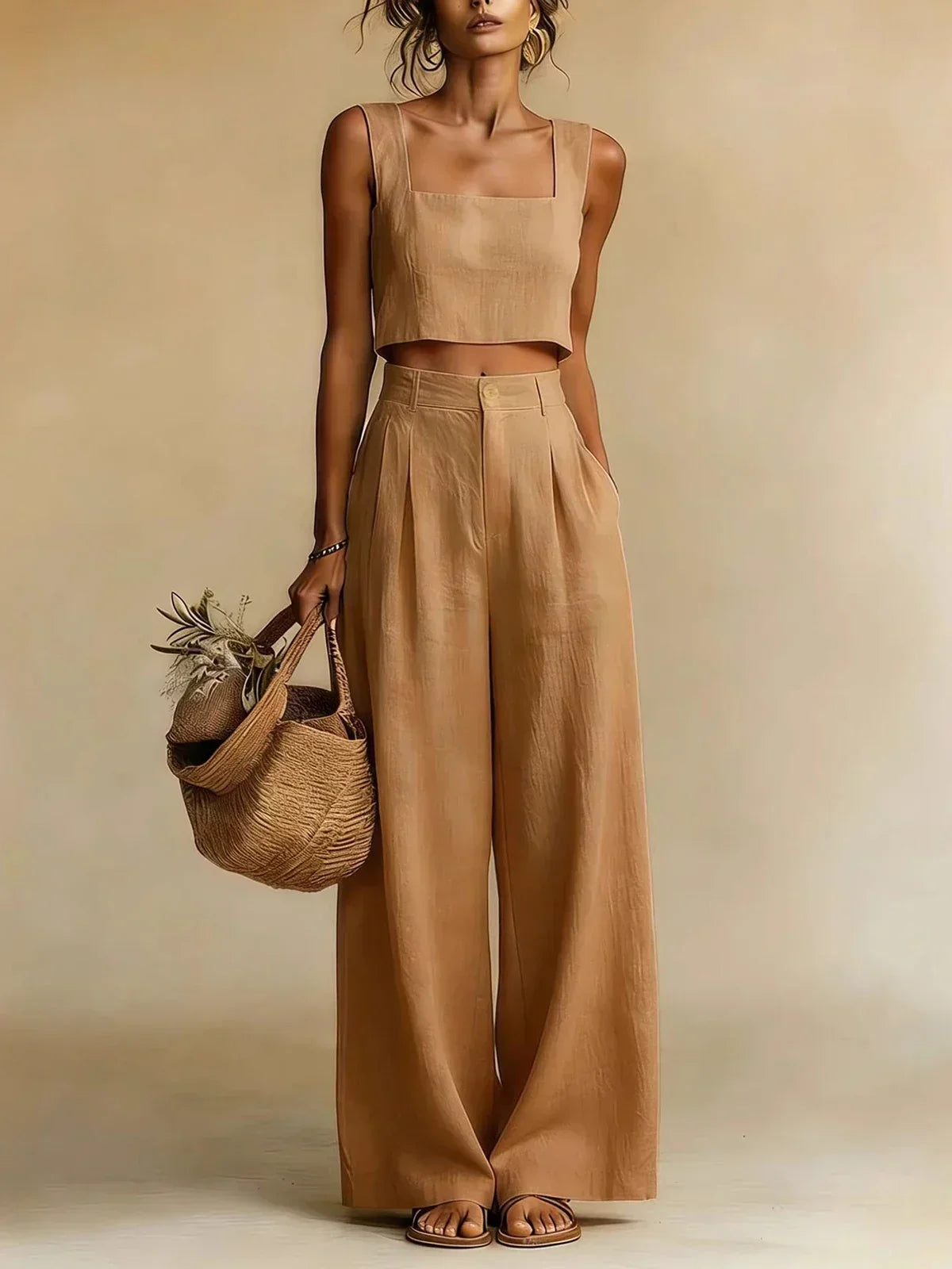 Riviera Coastal Palazzo Set with Pleated Wide Pants