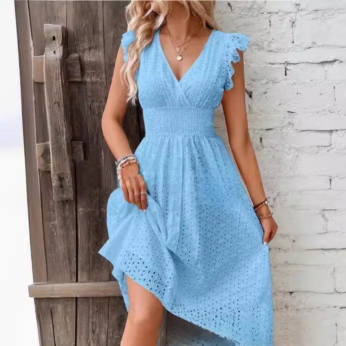 Lucie Romantic Eyelet Lace V-Neck Midi Dress