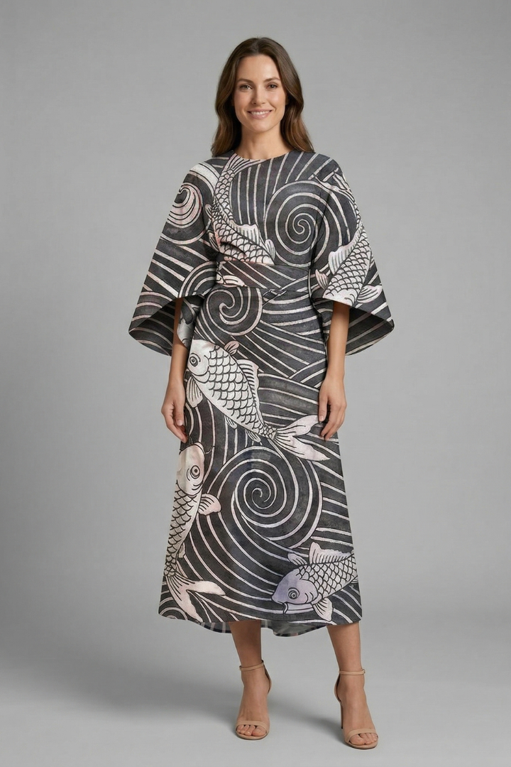 Wren Easy Printed Midi Dress with Wide Sleeves