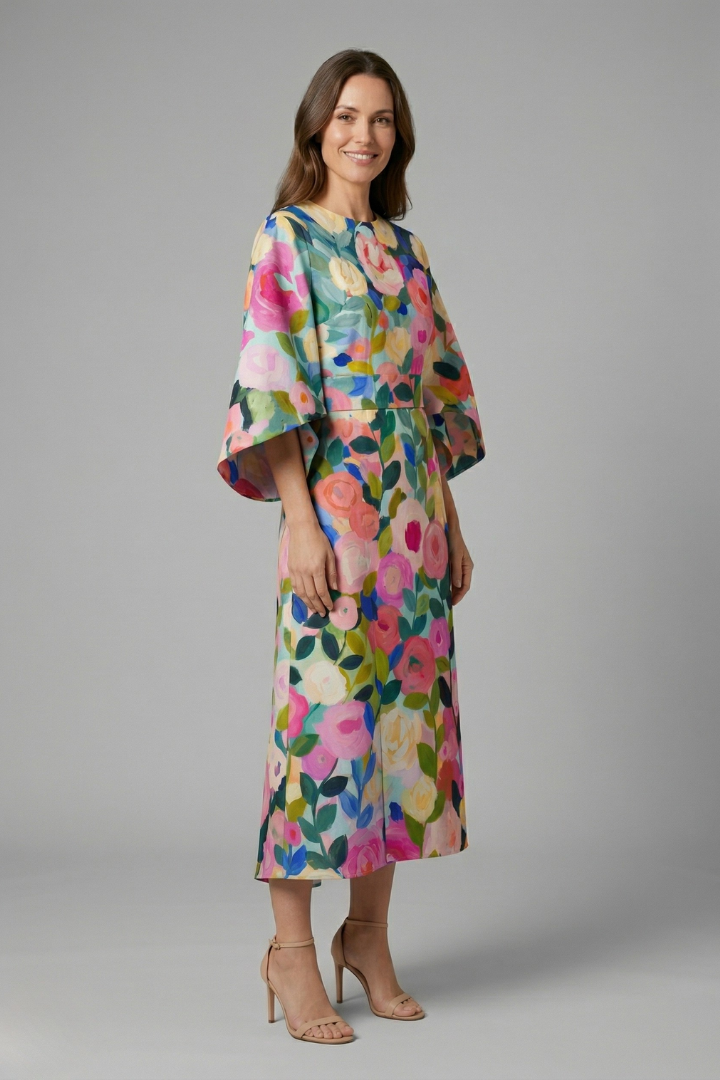 Wren Easy Printed Midi Dress with Wide Sleeves