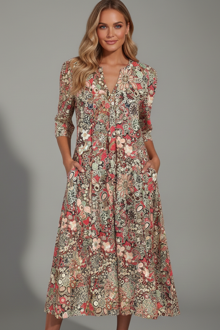 Lotte Easy V-Neck Midi Dress with 3/4 Sleeves