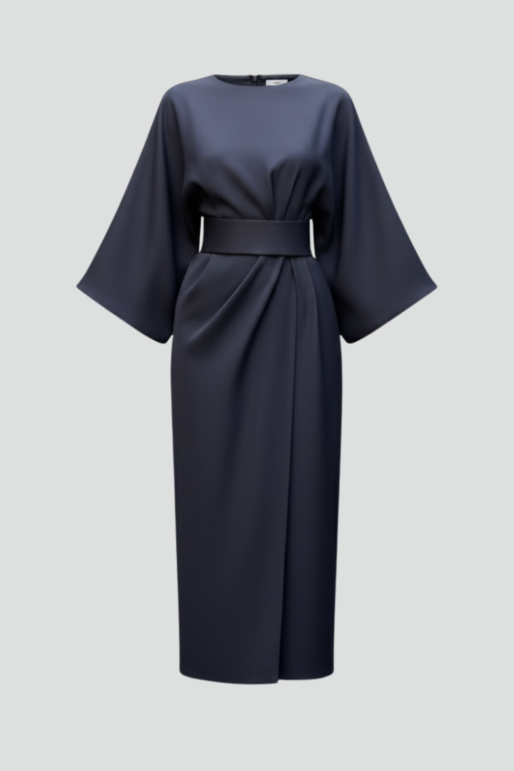 Ada Elegant Belted Midi Dress with Wide Sleeves