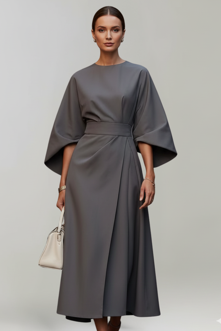 Ada Elegant Belted Midi Dress with Wide Sleeves