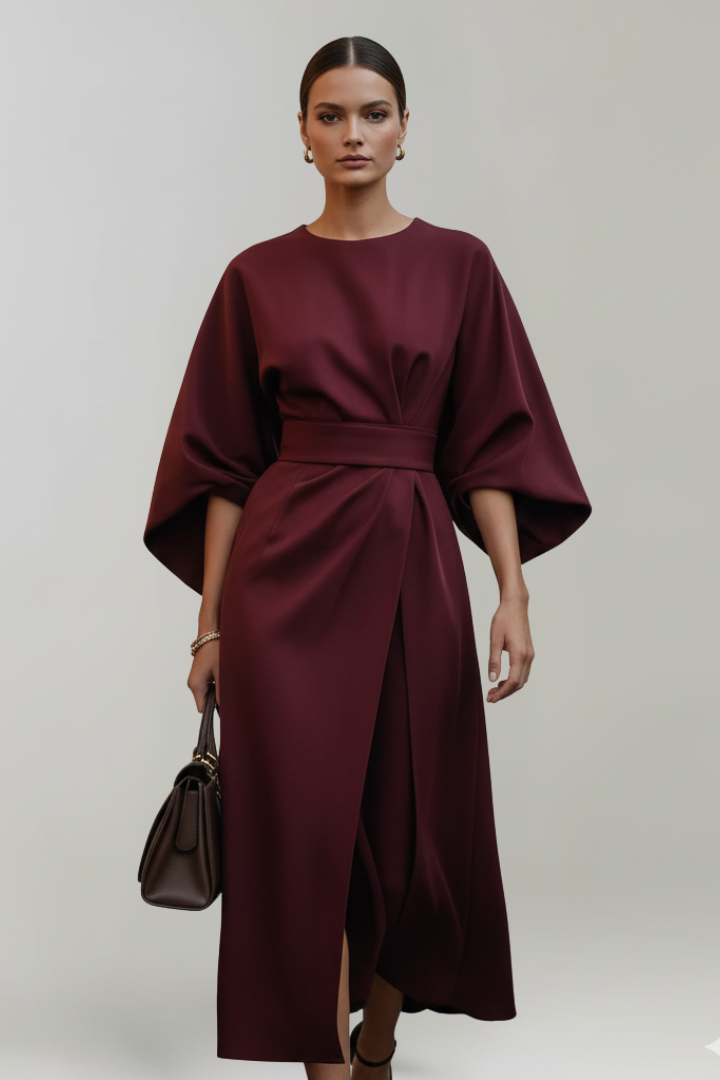 Ada Elegant Belted Midi Dress with Wide Sleeves