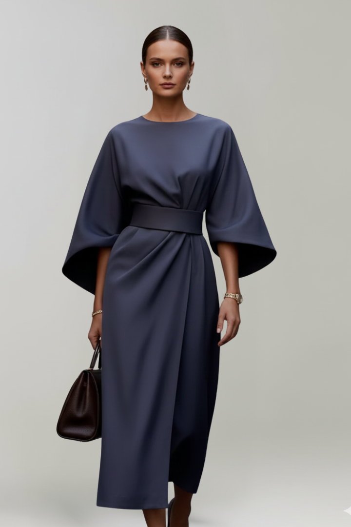 Ada Elegant Belted Midi Dress with Wide Sleeves