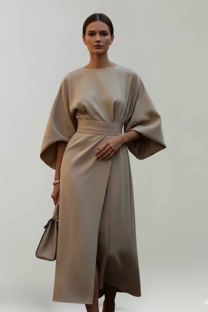 Ada Elegant Belted Midi Dress with Wide Sleeves