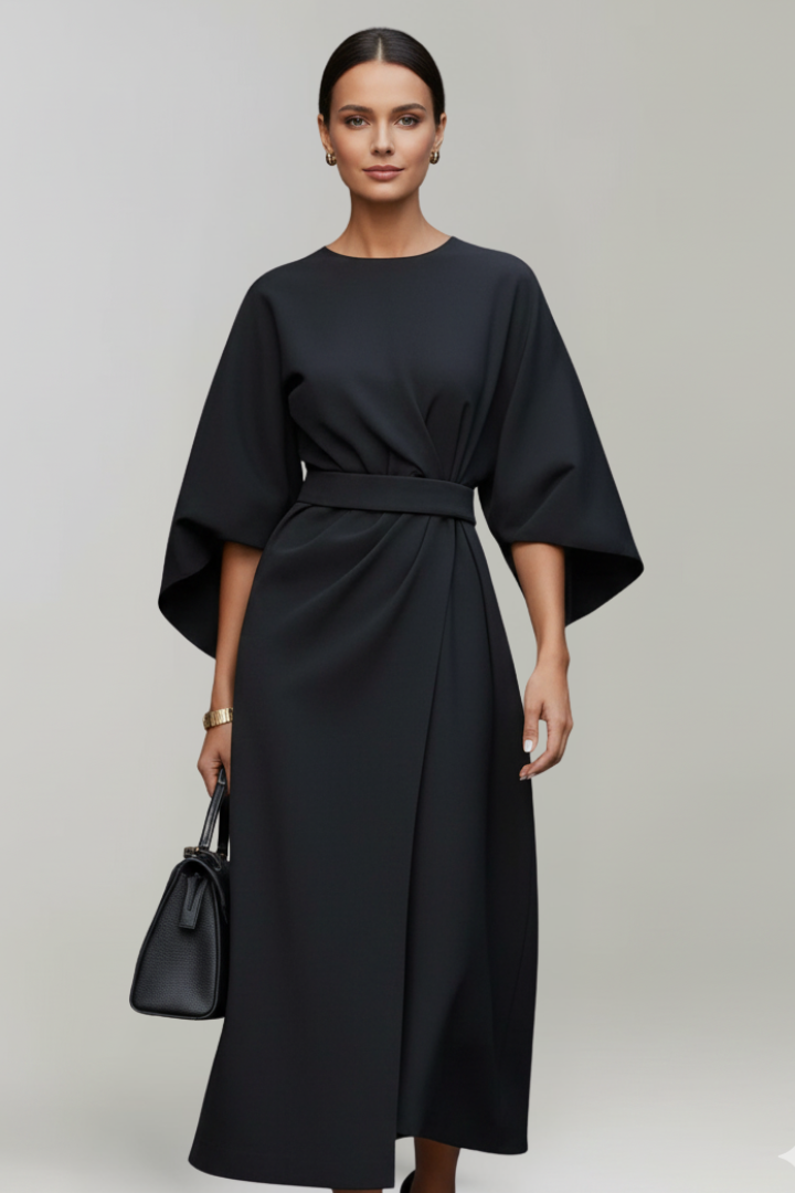 Ada Elegant Belted Midi Dress with Wide Sleeves