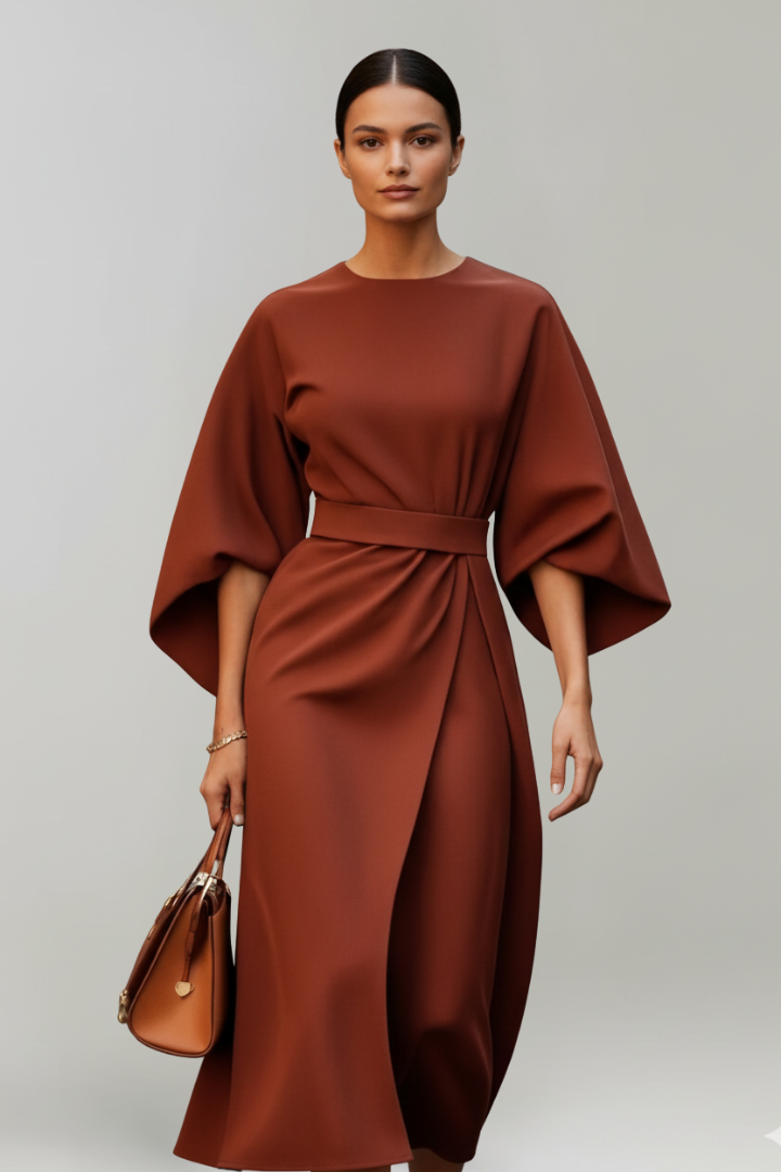 Ada Elegant Belted Midi Dress with Wide Sleeves