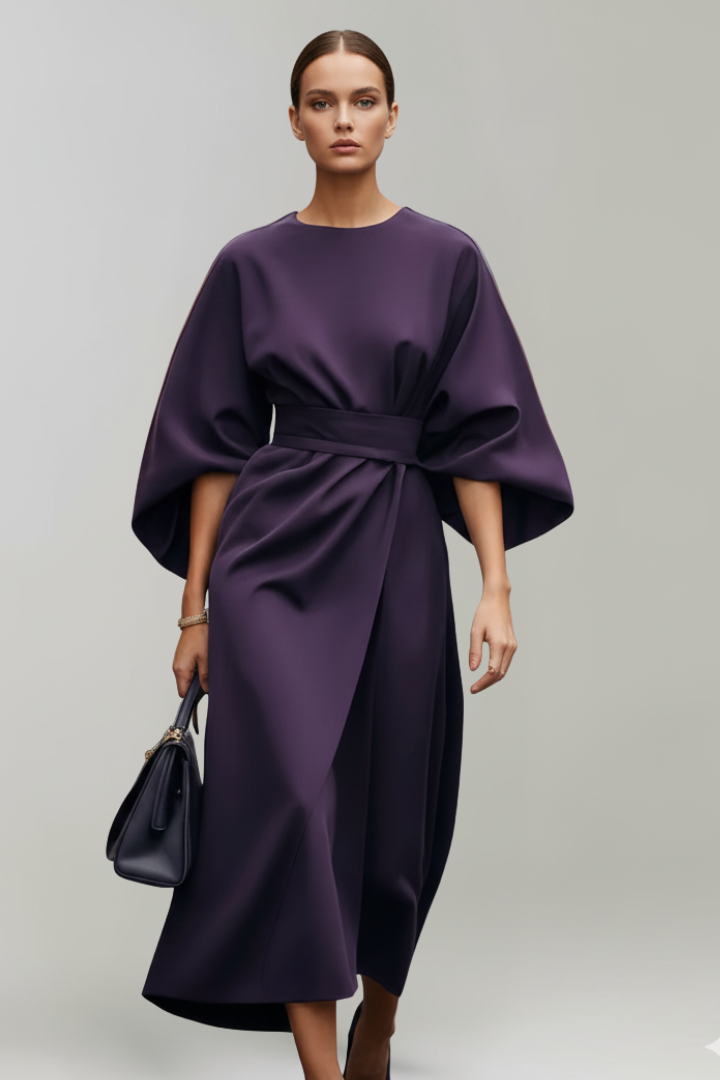 Ada Elegant Belted Midi Dress with Wide Sleeves
