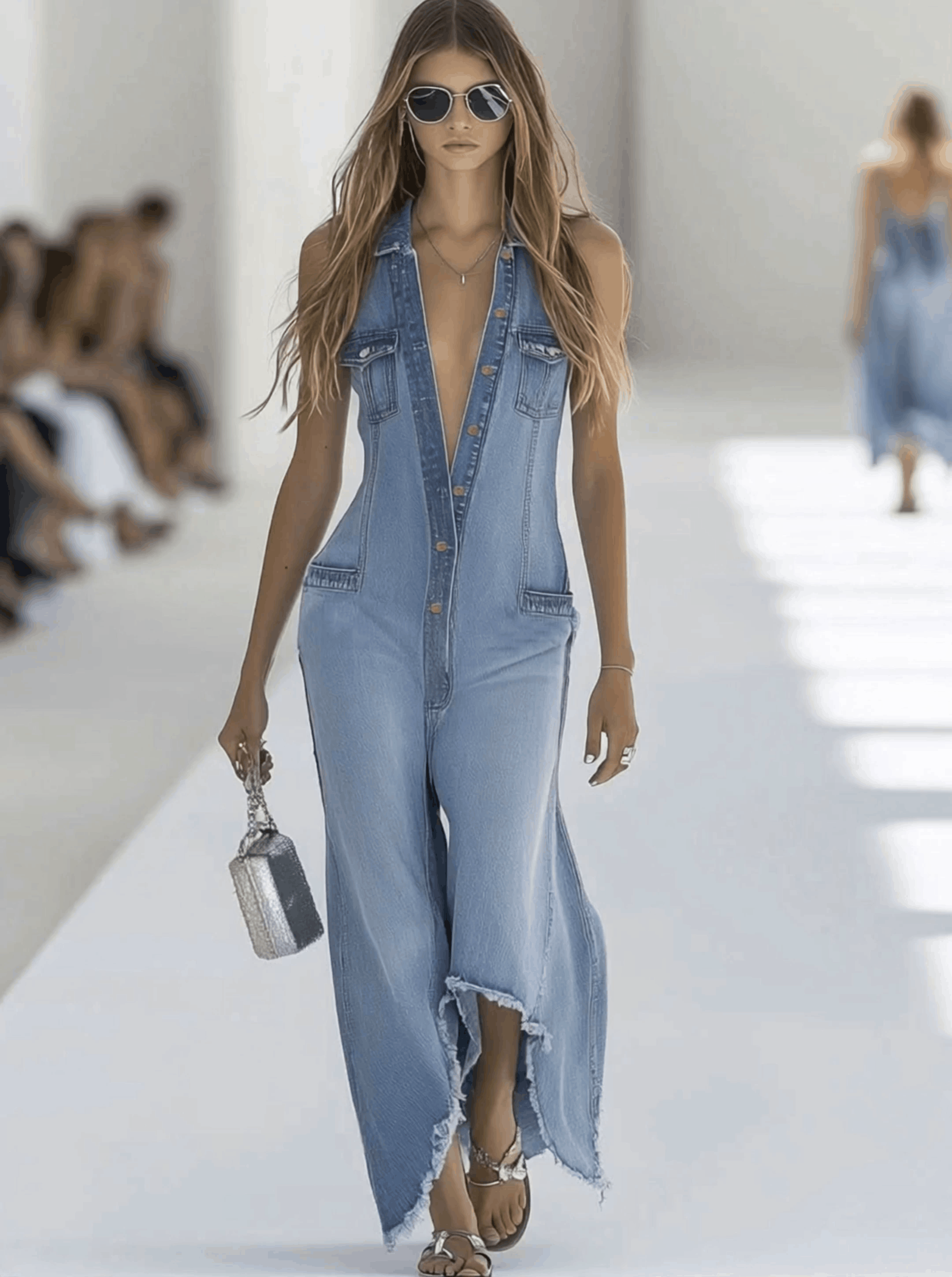 Indie Sleeveless Wide Leg Denim-Look Jumpsuit