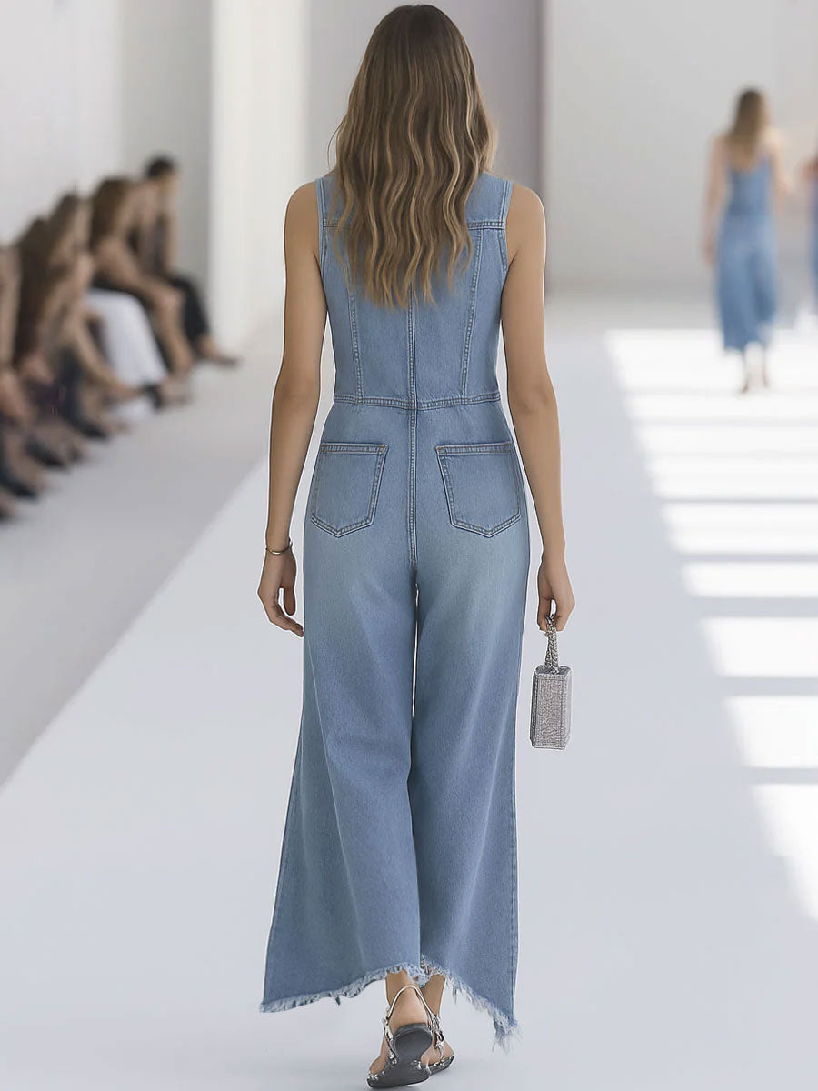 Indie Sleeveless Wide Leg Denim-Look Jumpsuit