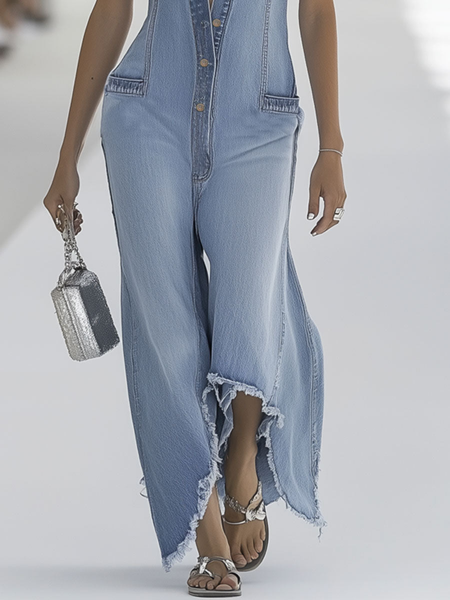 Indie Sleeveless Wide Leg Denim-Look Jumpsuit