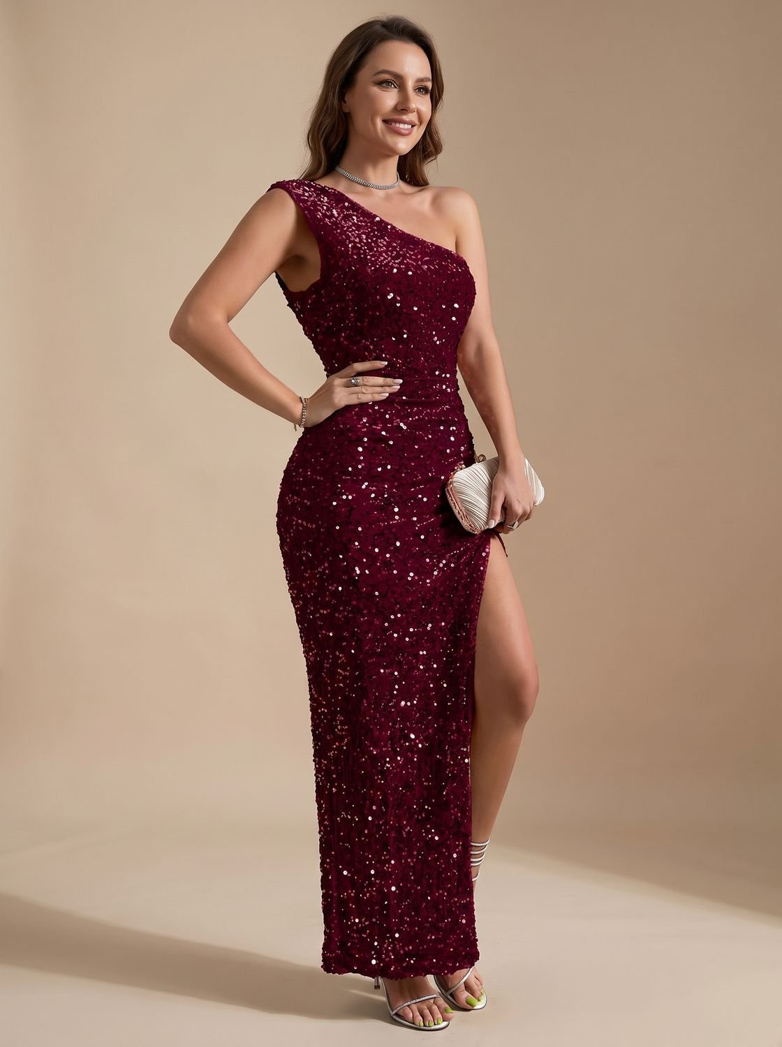 Estelle Sparkling Sequin One-Shoulder Party Maxi Dress