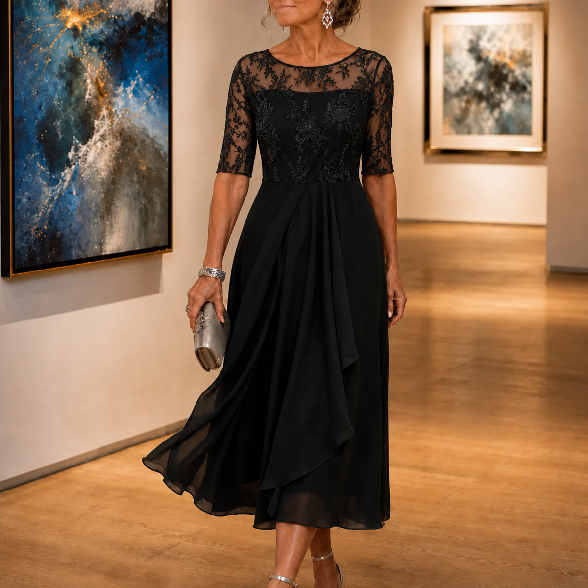 Amara Romantic Lace Bodice Midi Dress for Weddings