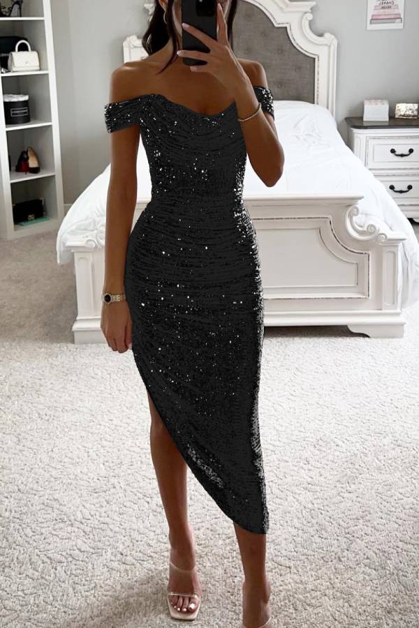 Celeste Shimmering Sequin Off-Shoulder Midi Dress