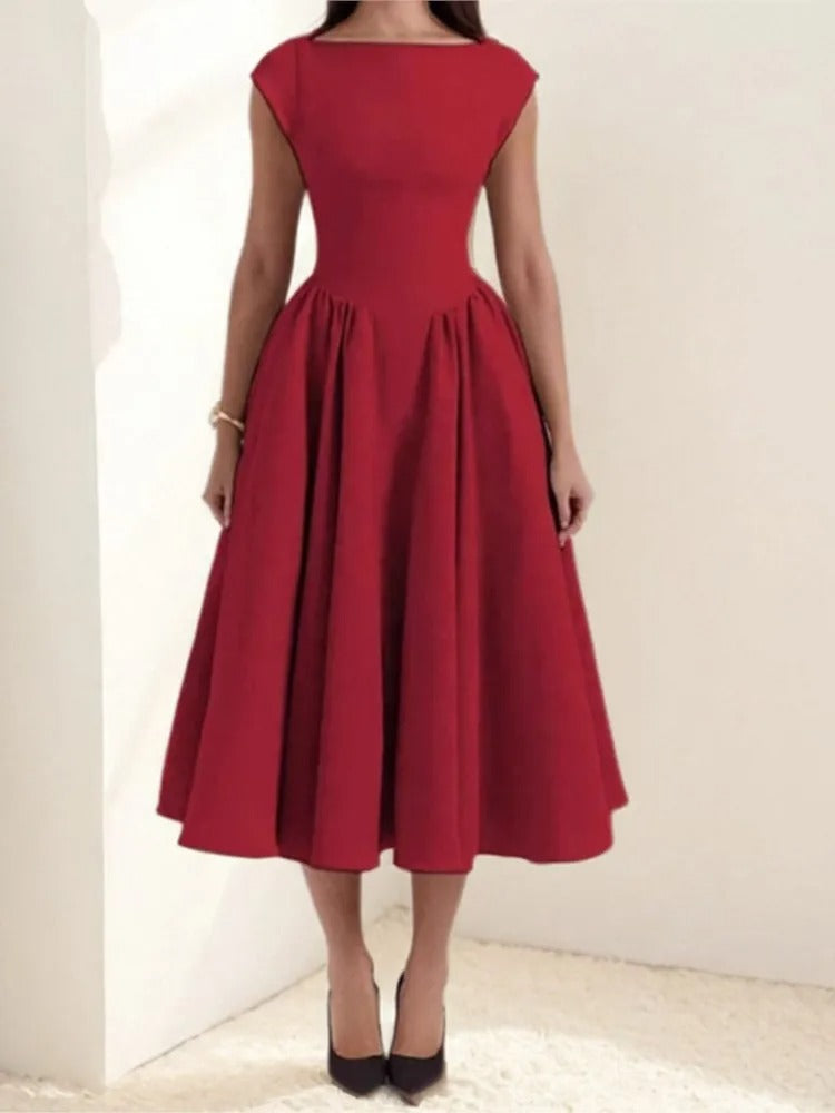 Audrey Classic Satin Full Skirt Midi Dress