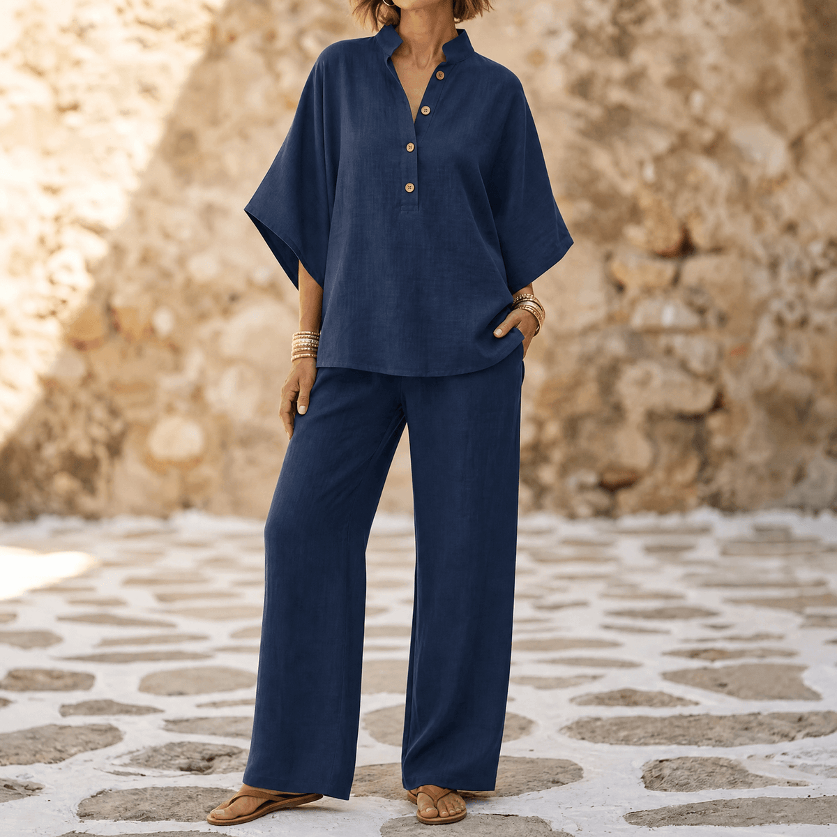 Liana Breezy Linen Batwing Tunic and Wide-Leg Pants Set