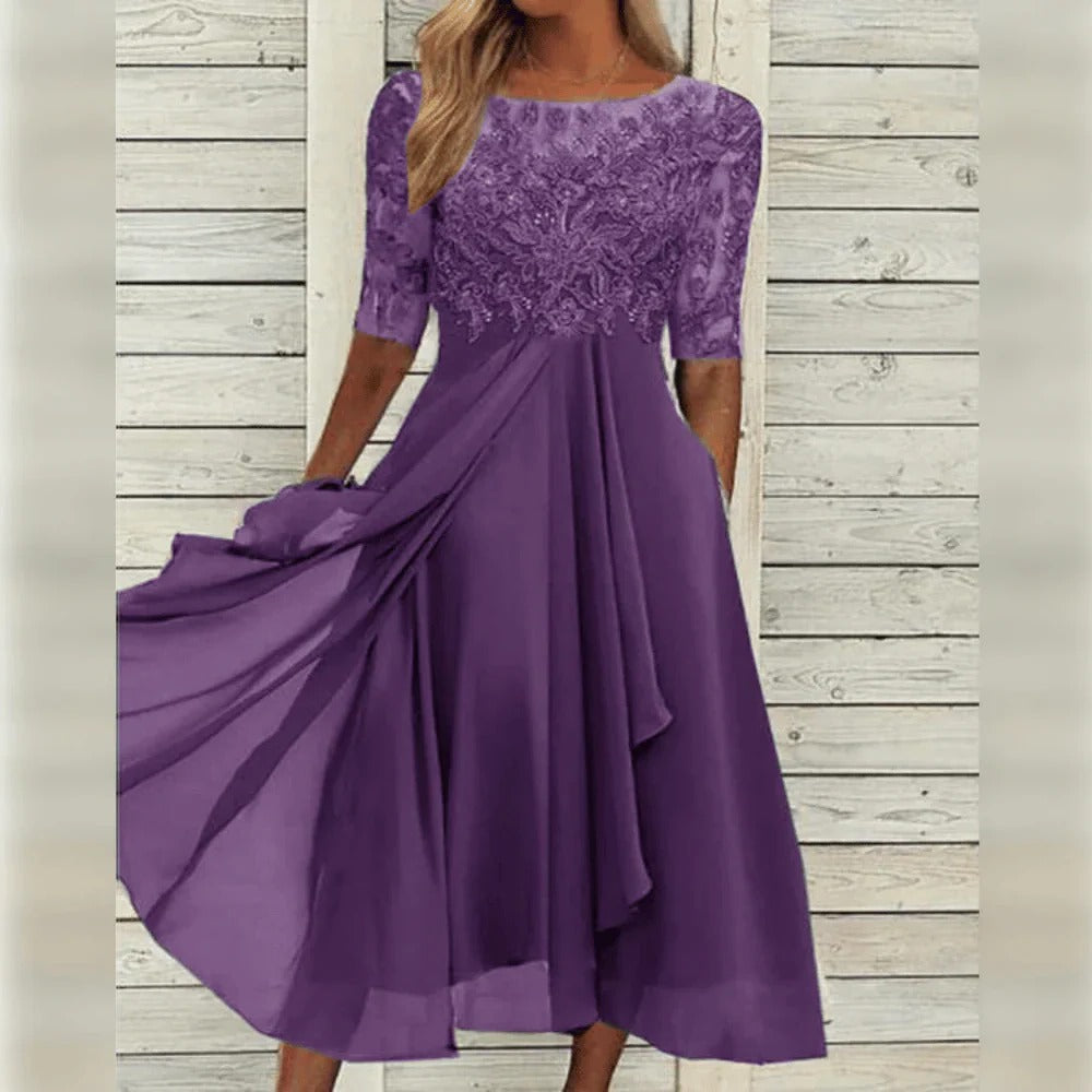 Esme Embroidered Mesh Bodice Flowing Midi Dress