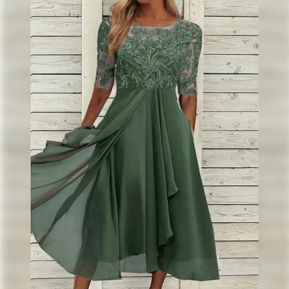 Esme Embroidered Mesh Bodice Flowing Midi Dress