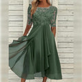 Esme Embroidered Mesh Bodice Flowing Midi Dress