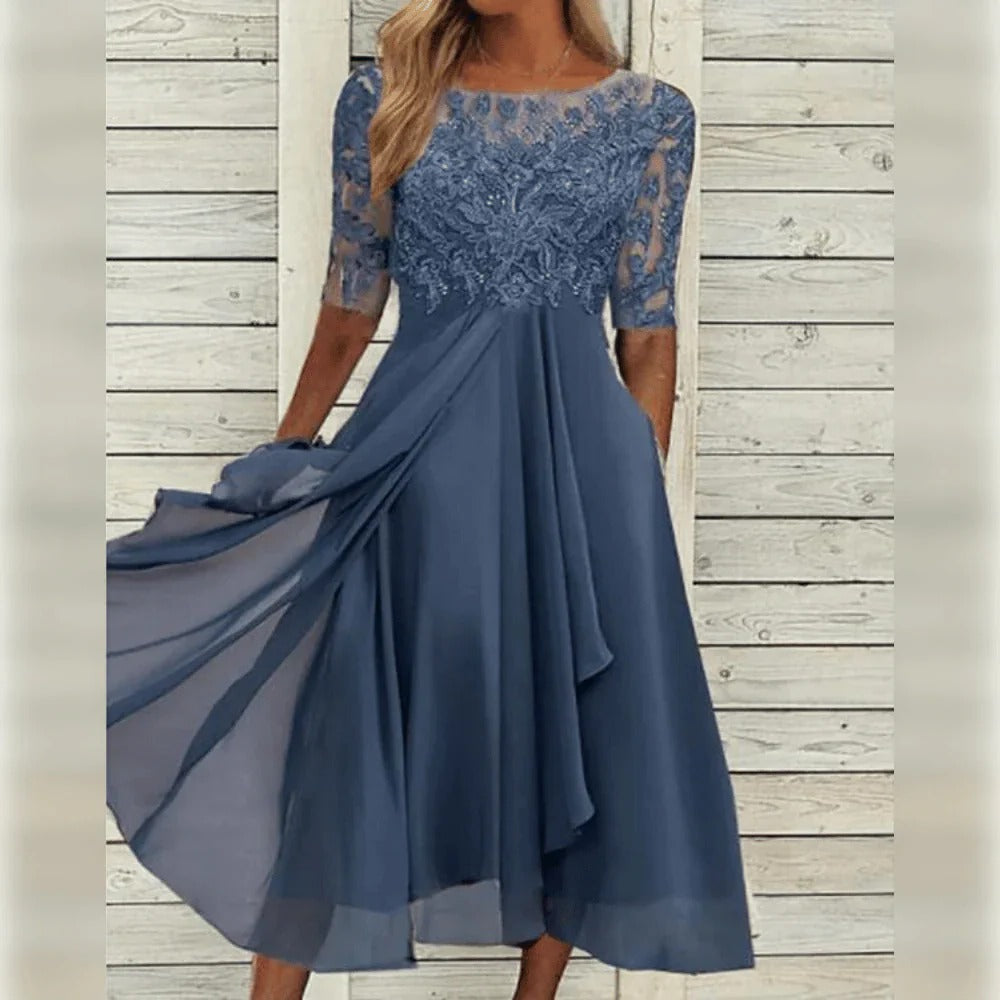 Esme Embroidered Mesh Bodice Flowing Midi Dress