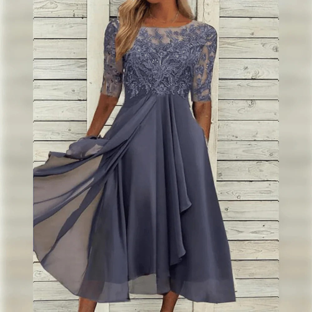 Esme Embroidered Mesh Bodice Flowing Midi Dress