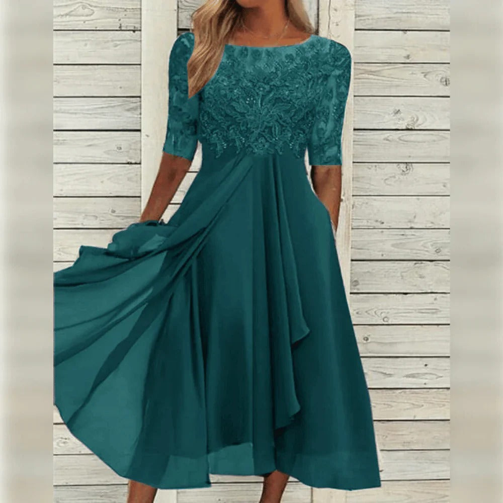 Esme Embroidered Mesh Bodice Flowing Midi Dress