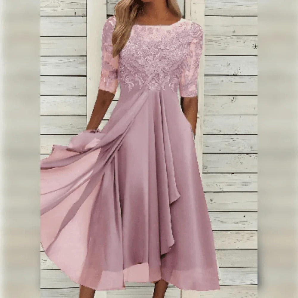 Esme Embroidered Mesh Bodice Flowing Midi Dress