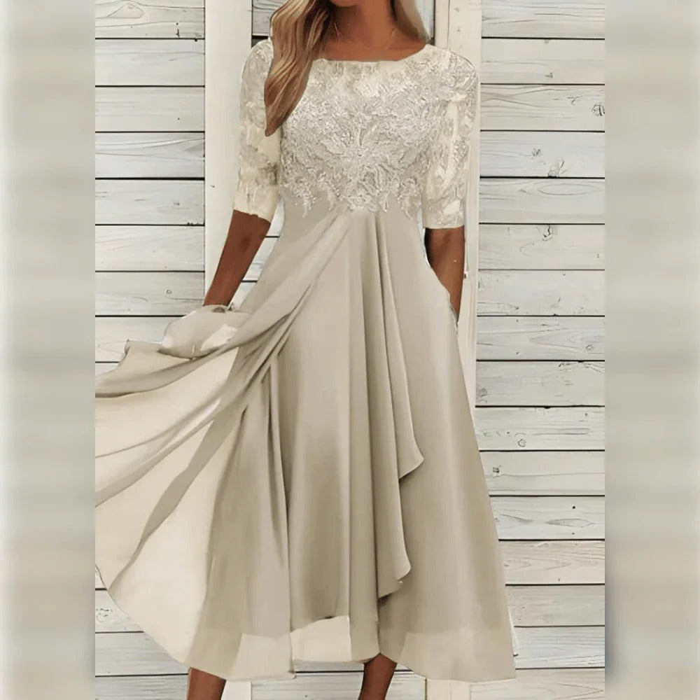 Esme Embroidered Mesh Bodice Flowing Midi Dress