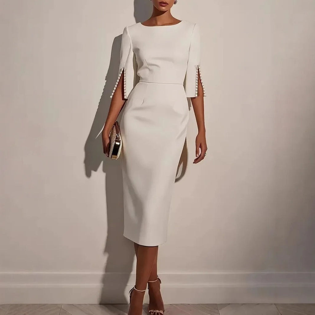 Grace Polished Pearl-Trim Sheath Midi Dress