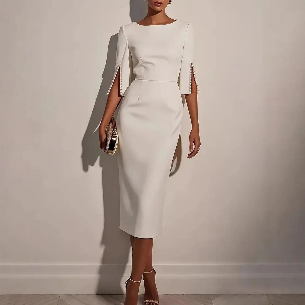Grace Polished Pearl-Trim Sheath Midi Dress
