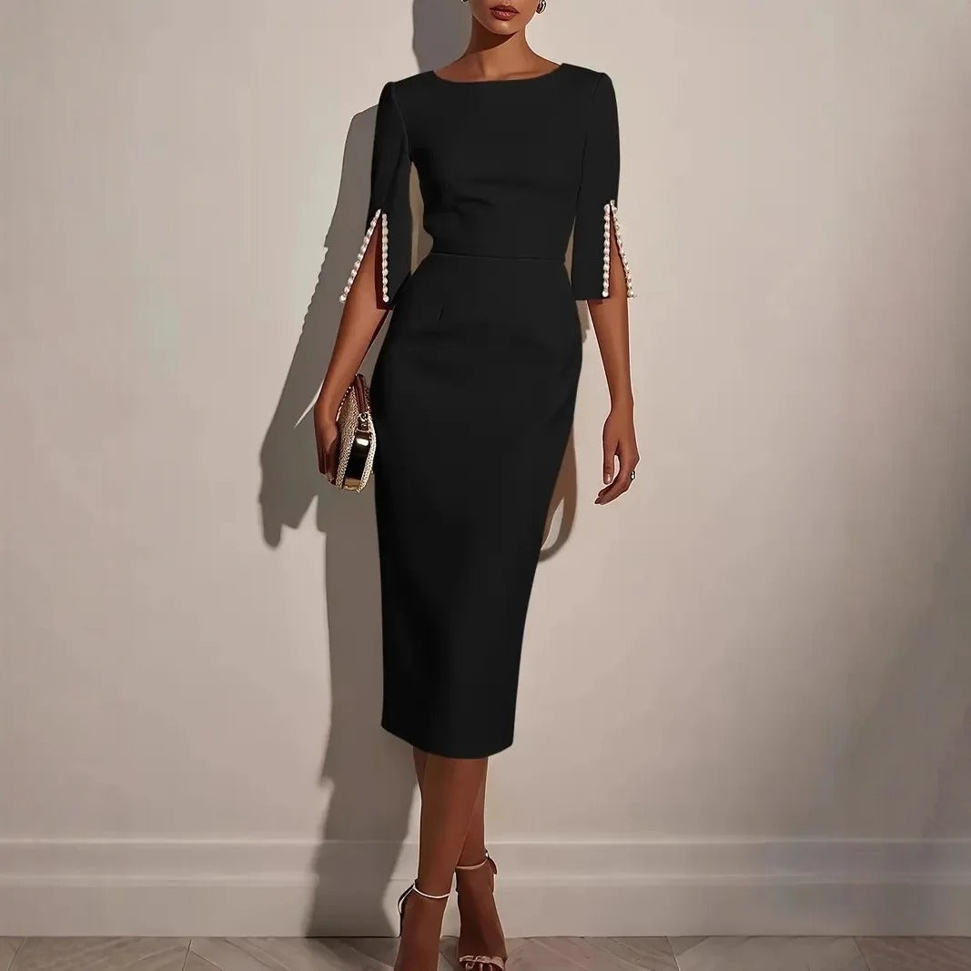 Grace Polished Pearl-Trim Sheath Midi Dress