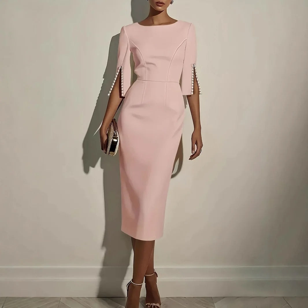 Grace Polished Pearl-Trim Sheath Midi Dress