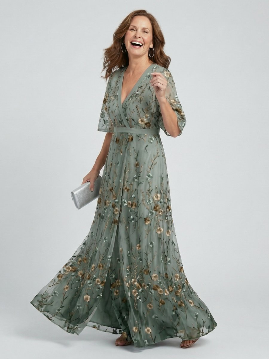Willow Embroidered Floral Flutter Sleeve Maxi Dress